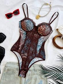 Soleia (No Chest Padding)Plus Size Sexy Leopard Print Lace Trim Underwire Bodysuit - Multicolor - View 5