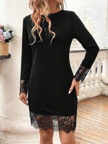 SHEIN Clasi Women's Solid Color Lace Patchwork Short Dress Dinner Black Autumn French Elegant Sexy Night Out Date Night - Black - View 4