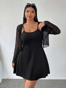 SHEIN EZwear Conjunto de 2 piezas para mujer talla grande con cárdigan de punto de frente abierto & vestido de tirantes finos de unicolor - Negro - Ver 4