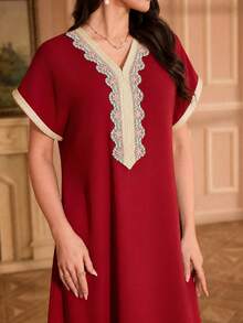Al Najma Embroidered Collar Flower Shoulder Sleeve Small Stand Collar Elegant Dress - Red - View 3