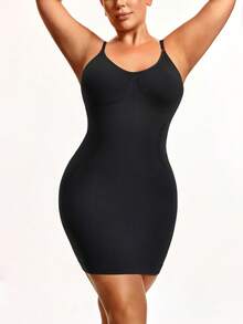 SHAPORA Plus Size Solid Color Seamless Camisole Mini Shaping Slip Dress - Black - View 4