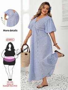 SHEIN CURVE+ Plus Size Women's Puff Sleeve V-Neck Loose Striped Dress - Blue - View 3