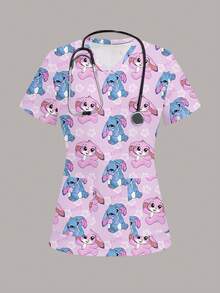 PopScrub Women's Scrub Uniform Top With Cute Rabbit Print Pattern, Suitable For Children, Pet Hospital Work White Autumn Schoolgirl - Multicolor - View 6