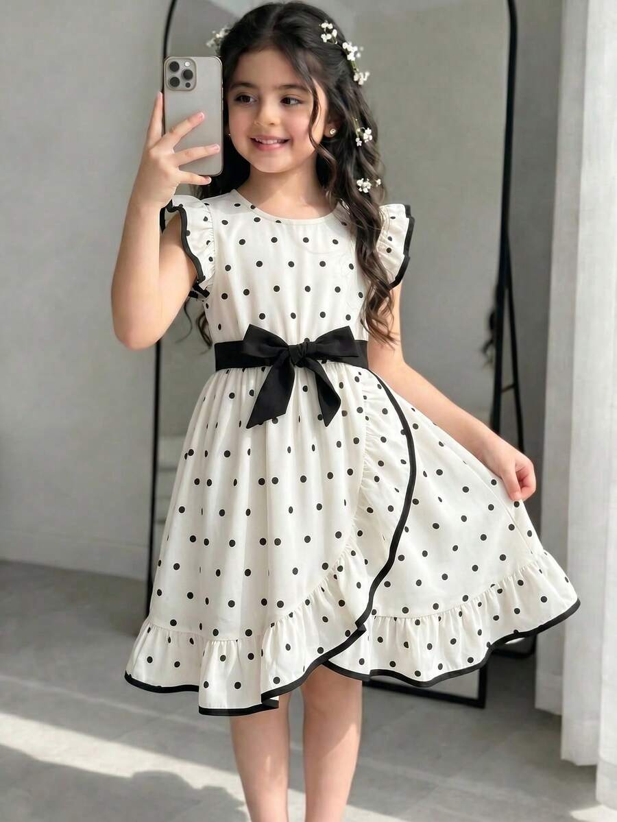 SHEIN Souflis 少女法式復古圓點圖案荷葉袖甜美公主風腰部蝴蝶結裝飾洋裝,適合夏季穿著 - 杏色 - 查看 1
