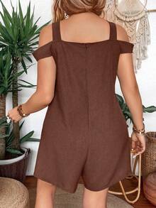 Breezaya Mono de mujer talla grande de color liso con textura, hombros descubiertos y bolsillos - Café integral - Ver 2
