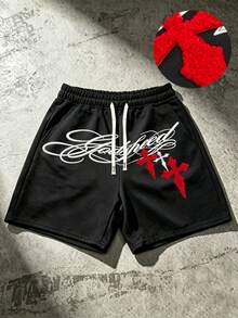 ROMWE MEN Goth 2026 Spring/Summer Heavy Towel Embroidery Casual Fashion Men's Shorts Sweatpants Unisex Couple Streetwear Pants - Black - View 5