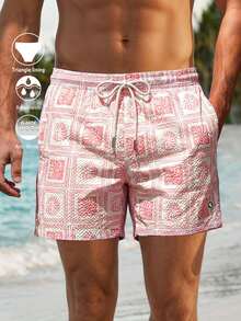 Manfinity Swimmode 男士夏季度假全身印花抽繩腰透氣沙灘短褲 男士度假沙灘裝 男士泳褲 粉紅色，假期 - 粉色 - 查看 1
