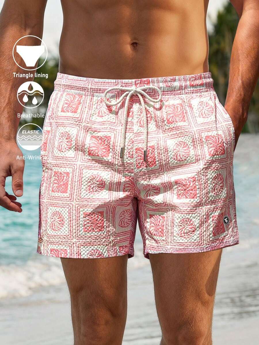 Manfinity Swimmode 男士夏季度假全身印花抽繩腰透氣沙灘短褲 男士度假沙灘裝 男士泳褲 粉紅色,假期 - 粉色 - 查看 1