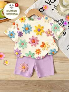 Summer Baby Girl Casual Multi-Piece Set, Brown & Apricot Leopard Print Cartoon Rabbit Pattern, Round Neck Short Sleeve T-Shirt & Shorts - Multicolor - View 3