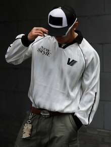 DAZY 男士長袖條紋字母印花拼接領運動風T恤 夏季款 - 彩色 - 查看 6