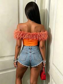 Glyssa Women's Sexy Off-Shoulder Wool Blend Fringe Top, European And American Style Hot Girl Slim Fit Flattering Asymmetrical Hem, Dates Club Night - Orange - View 2