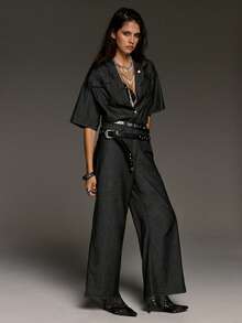 BAD SUNDAY Women's Mid-Sleeve Waist-Cinching Wide-Leg Short Sleeve Jumpsuit, Y2K Streetwear, Commute, Outing Night Out, Vacation, Dark Grey Summer - Black - View 4