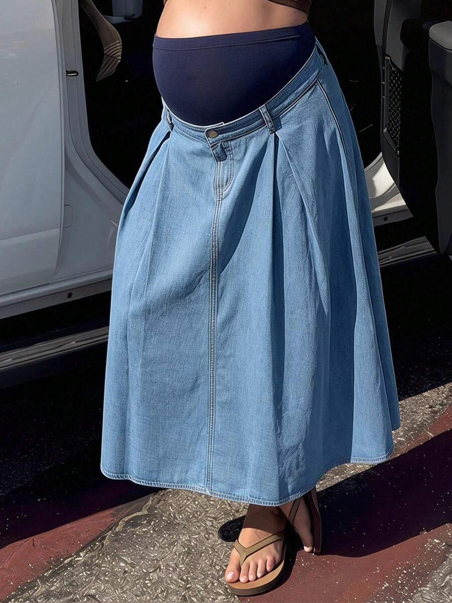 SHEIN Falda plisada de línea A de mezclilla casual para embarazadas, adecuada para primavera y verano - Azul - Ver 1