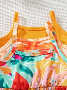 SHEIN Playful Pals 3件/套 嬰兒女童 2025夏季新款無袖吊帶洋裝，滿版花卉印花 & 素色洋裝，田園風，多巴胺配色，時尚可愛 - 橘色 - 查看 8