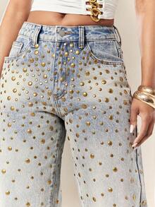 Denimoi Women's Rivet Decor Slant Pocket High Waist Casual Straight Leg Jeans - Medium Wash - View 1