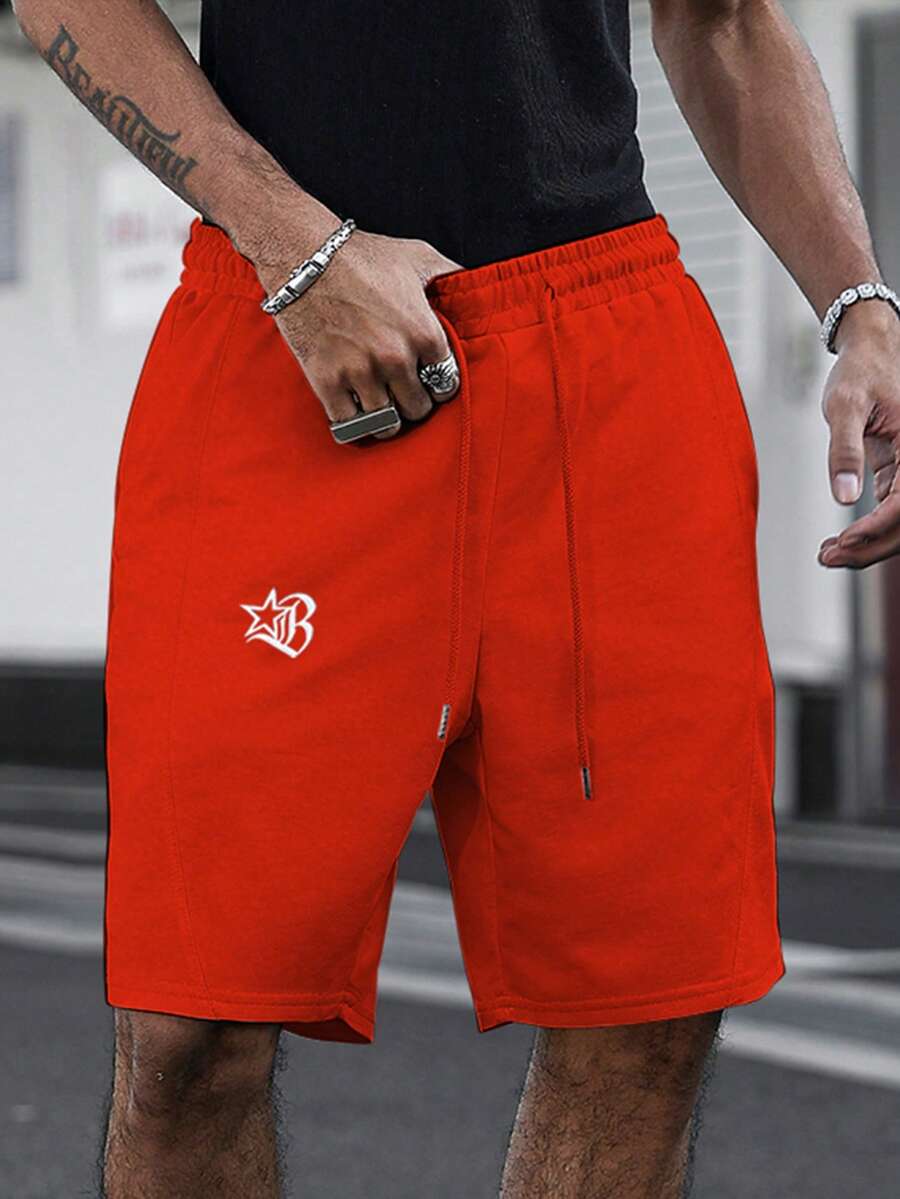 Manfinity Roghcode Men's Minimalist Embroidered Pattern Versatile Casual Knit Shorts Loose Straight Leg High Street Patchwork Sports Pants - Burnt Orange - View 1