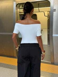 Muchica English Letter Print Off-Shoulder White And Black Sports Sporty Jumpsuit Football Jersey Gym Y2K Athleisure City Break Vacation Football USA Soccer - White - View 5