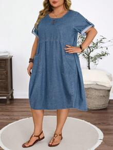 EMERY ROSE Vestido de mezclilla con bolsillos de verano para mujer talla grande - Azul lavado oscuro - Ver 6