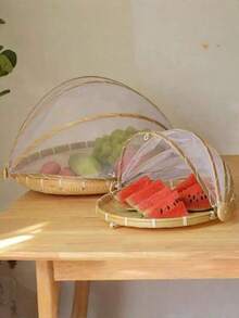 1pc Handwoven Food Service Tent Basket Tray, Fruit Outdoor Cover Insect Bamboo Woven Storage Basket Picnic Scoop Tool - Wood Color - View 12