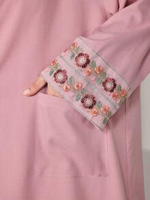 Al Najma Spring & Summer Pink Floral Embroidered Cuff Open Front Long Abaya, Outer Robe Suitable For Daily Home Wear, Prayer And Outdoor Outing - Pink - View 4