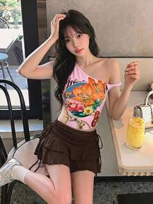 SHEIN MOD 女款單肩字母花卉印花修身百搭日常休閒上衣 - 粉色 - 查看 2