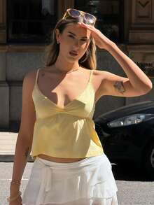 hollyjadebate Yellow Lace 95% Cotton Casual Camisole For Women,Summer Tops - Yellow - View 1