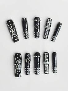 ROMWE Goth 10件裝龐克風鉚釘美甲飾品，高品質手工美甲，金屬鏈條十字造型超長棺材型假指甲 - 鏈條十字 - 查看 2
