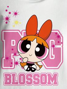 THE POWERPUFF GIRLS X SHEIN Young Girl Cartoon All-Over Print Round Neck Contrast Trim Cute Short Sleeve Dress - White - View 3