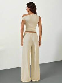SHEIN Tall Apricot Knit Oblique Shoulder Fitted Casual Loungewear Set, Summer - Apricot - View 5