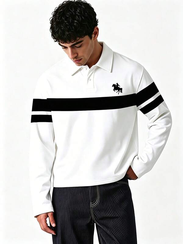Chillumni Men's Long Sleeve Classic Black & White Horse Logo Striped Polo Shirt