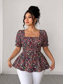 Elenzga Blus Wanita Ukuran Besar Elegan Kasual Serbaguna untuk Liburan, Puff Sleeve Square Neck Musim Semi Musim Panas Terbaru yang Mempertegas Pinggang - MultiWarna - View 3