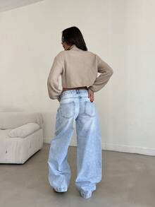 SHEIN LOW RISE WIDELEG BABY BLUE 90S JEAN CASUAL STYLE BUTTON CLOSURE PLUS SIZE - Medium Wash - View 2