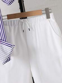 Teen Boys Striped Short Sleeve Shirt & White Shorts With Knight Print For Commute, Beach, Campus & Back To School - Blue - View 7