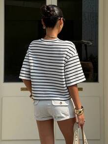 Muchica Black And White Striped Checkered Faux Wool Knit Women's Round Neck Drop Shoulder Cropped Loose Casual French Coastal T-Shirt Vacation Summer Brunch - Black and White - View 2