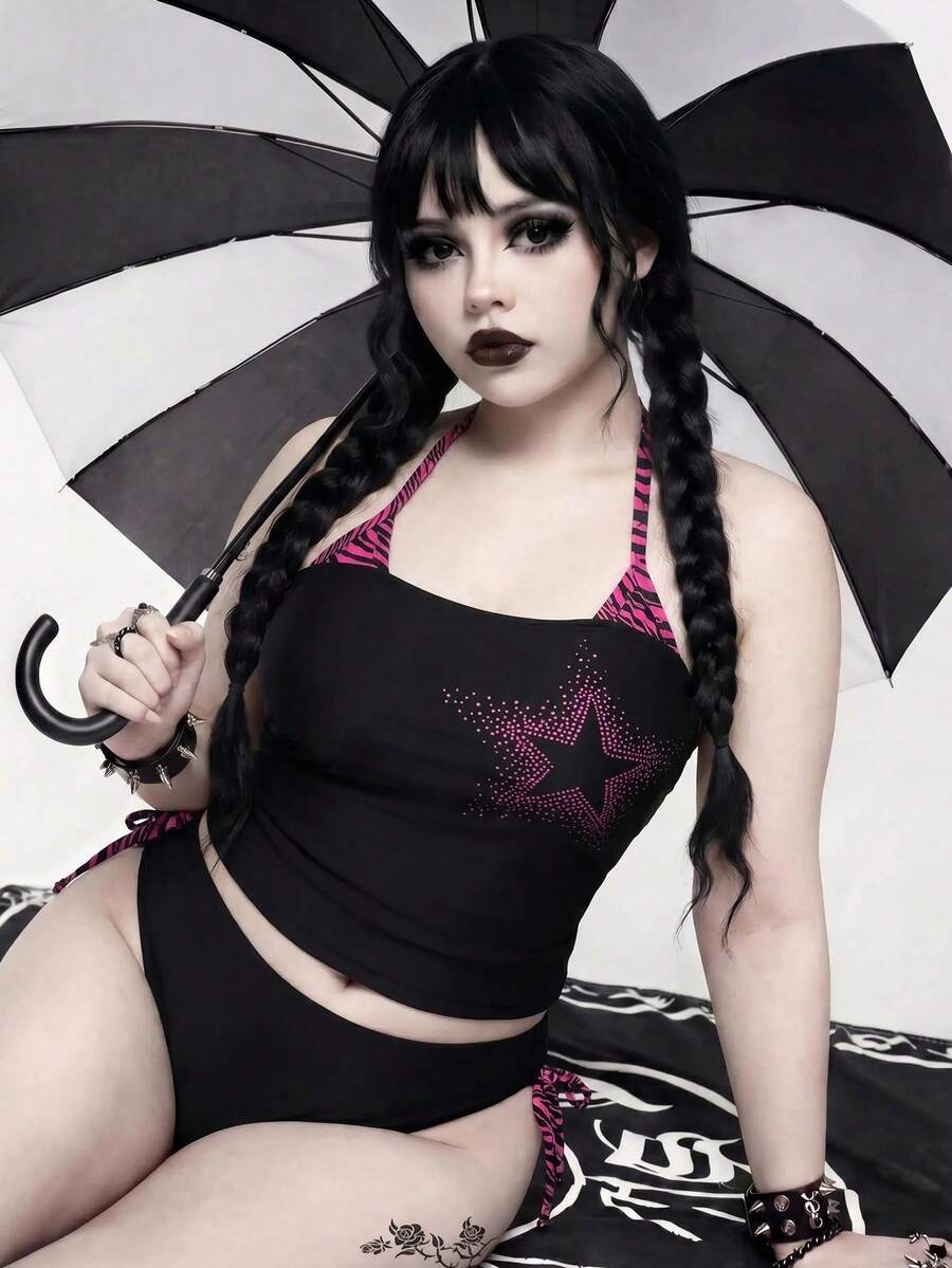 ROMWE Goth Plus Size Women's Summer Beach Star Print Halter Neck Tankini Set - Multicolor - View 1