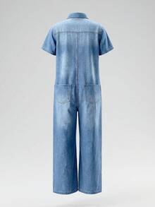 EMERY ROSE EMERY ROSE Women's Short Sleeve Button-Up Half-Placket Utility Pocket Casual Denim Jumpsuit Jumpsuits For Women Rompers For Women Summer Overalls For Women - Light Wash - View 2