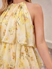 Amorya Summer Elegant Flowy Women's Floral Print Metal Accessory Decorated Multi-Layered Cake Tier Ruffle Short Dress, Wedding Guest Vacation Outfit - Yellow - View 7