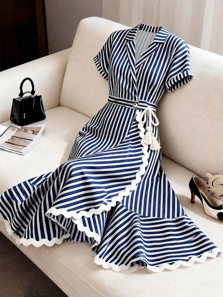 GlowEve Women's Navy Blue And White Striped Cinched Waist Asymmetric ...