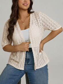 Comfylo Plus Size Women's Solid Color Casual Versatile Daily Outing Short Sleeve Cardigan - Apricot - View 8