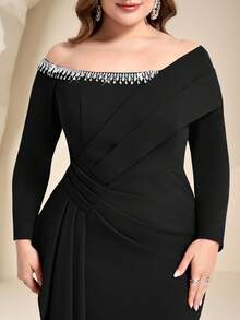 Coutiva Plus Size Elegant Crystal Embellished Off Shoulder Formal Evening Gown - Black - View 4