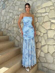 Firerie Women's Light Blue Floral Printed Pleated Bandeau Vacation Fashion Dress Holiday Vacation Summer Tropical - Blue - View 2