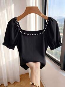 Franclia Women's Pearl Short Sleeve Black Minimalist Eleganza Knit Top, Elegant Loose Fit T-Shirt, Professional Casual Striped Textured Birthday Office Summer - Black - View 9