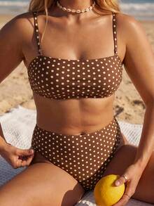 Swim Mod 2026 New Spring/Summer Plus Size 2-Piece Reversible Polka Dot Random Print Bandeau Bikini Set With Detachable Shoulder Straps For Women Beach Vacation - Multicolor - View 5