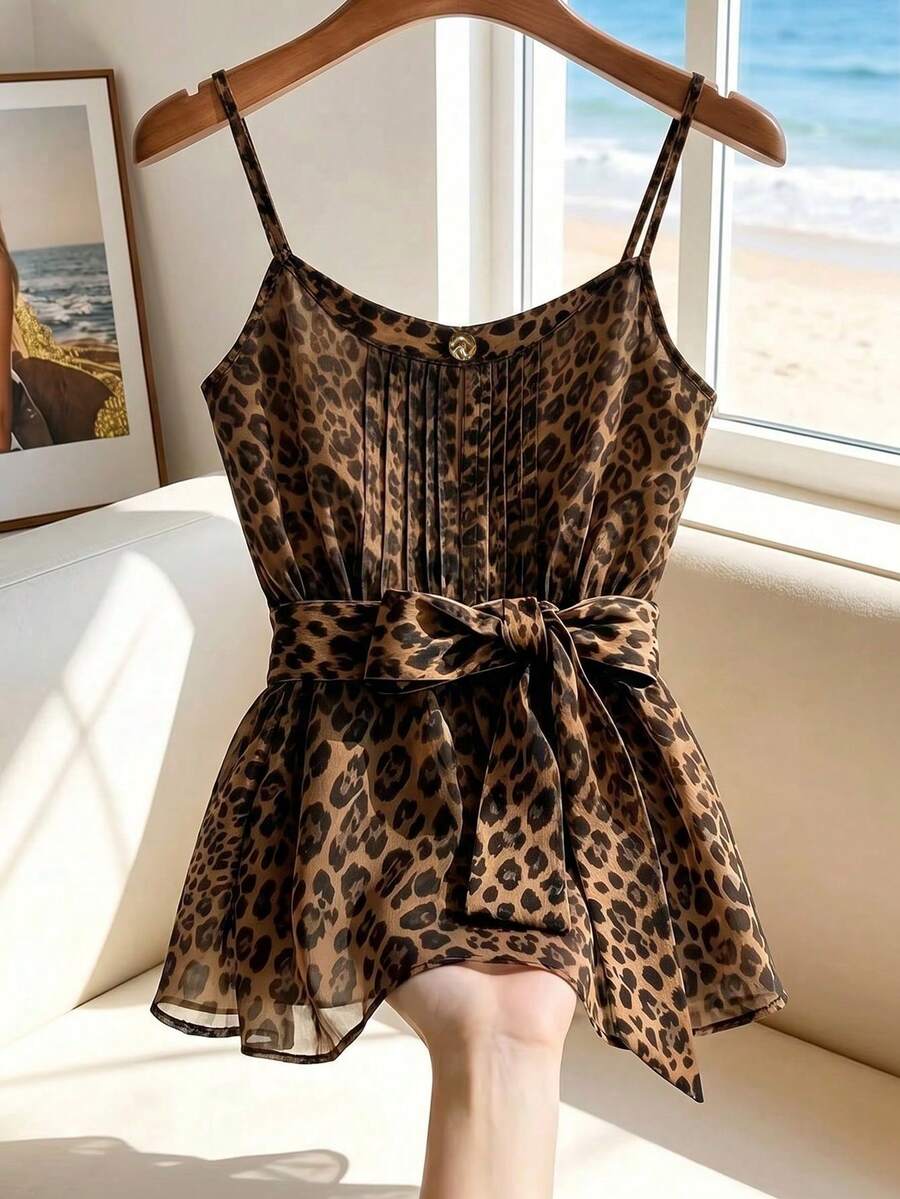 SHEIN Franclia 女士豹纹吊带背心,正面条纹设计,修身A字版型,时尚优雅中带一丝野性;配有系带腰带,适合海滩度假、派对、通勤、休闲街头、约会、家庭聚会等各种场合。 - 彩色 - 查看 1