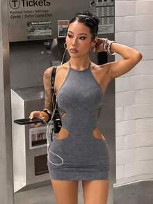 StreetHx Halter Neck Cut Out Bodycon Mini Dress - Grey - View 3
