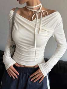 DAZY Women's Cross Off Shoulder Korean Style Tie-Up Long Sleeve T-Shirt, Spring/Autumn Cute Tops Vacation - Beige - View 9