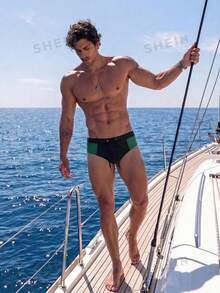 Manfinity Swimmode 2026新款男士拼色抽繩泳褲，適合海灘、田徑、度假、泳池派對，夏季休閒性感運動風 - 彩色 - 查看 4