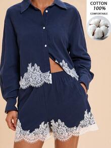Travachic Lace Patchwork Long Sleeve Shirt & Shorts 2pcs - Blue - View 2