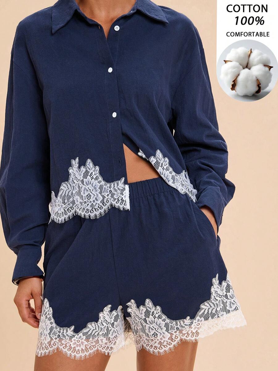 Travachic Lace Patchwork Long Sleeve Shirt & Shorts 2pcs