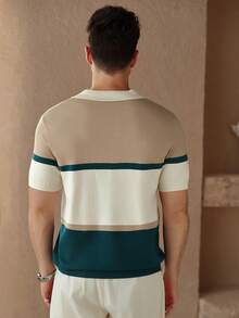 Core Aspect Men's Contrast Color Short Sleeve Single Breasted Casual Knit Cardigan - Khaki - View 3